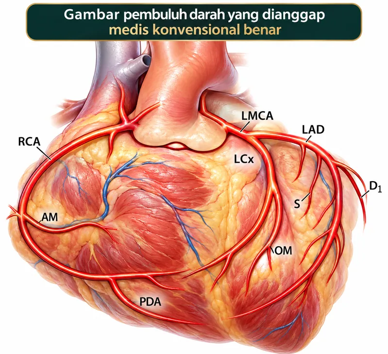 Gambar: pembuluh darah yang dianggap medis konvensional besar — LMA, LCX, LAD, dan RCA pada jantung